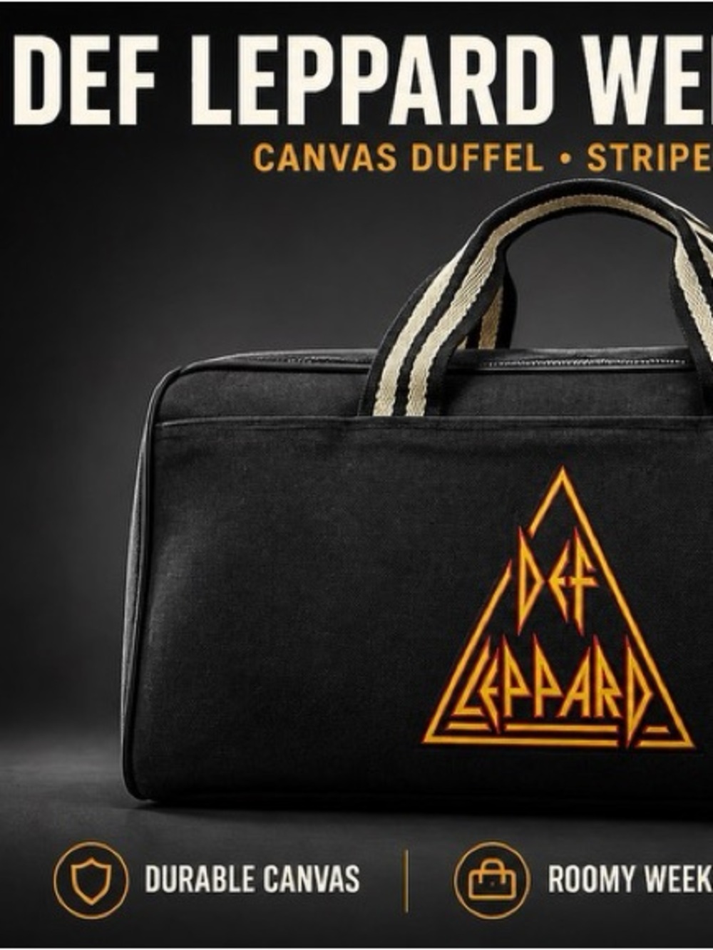 RARE DEF LEPARD Canvas Black Weekend Duffel Bag with Striped Handles - Picture 11 of 11